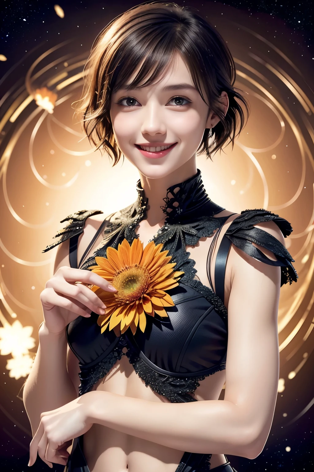 257 20-year-old female, (short hair),(Abstract background,Fractal Art), smile, flower