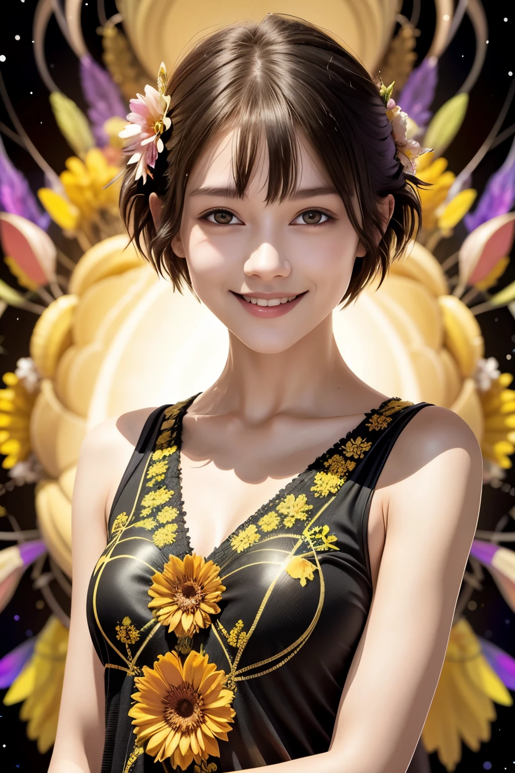 257 20-year-old female, (short hair),(Abstract background,Fractal Art), smile, flower