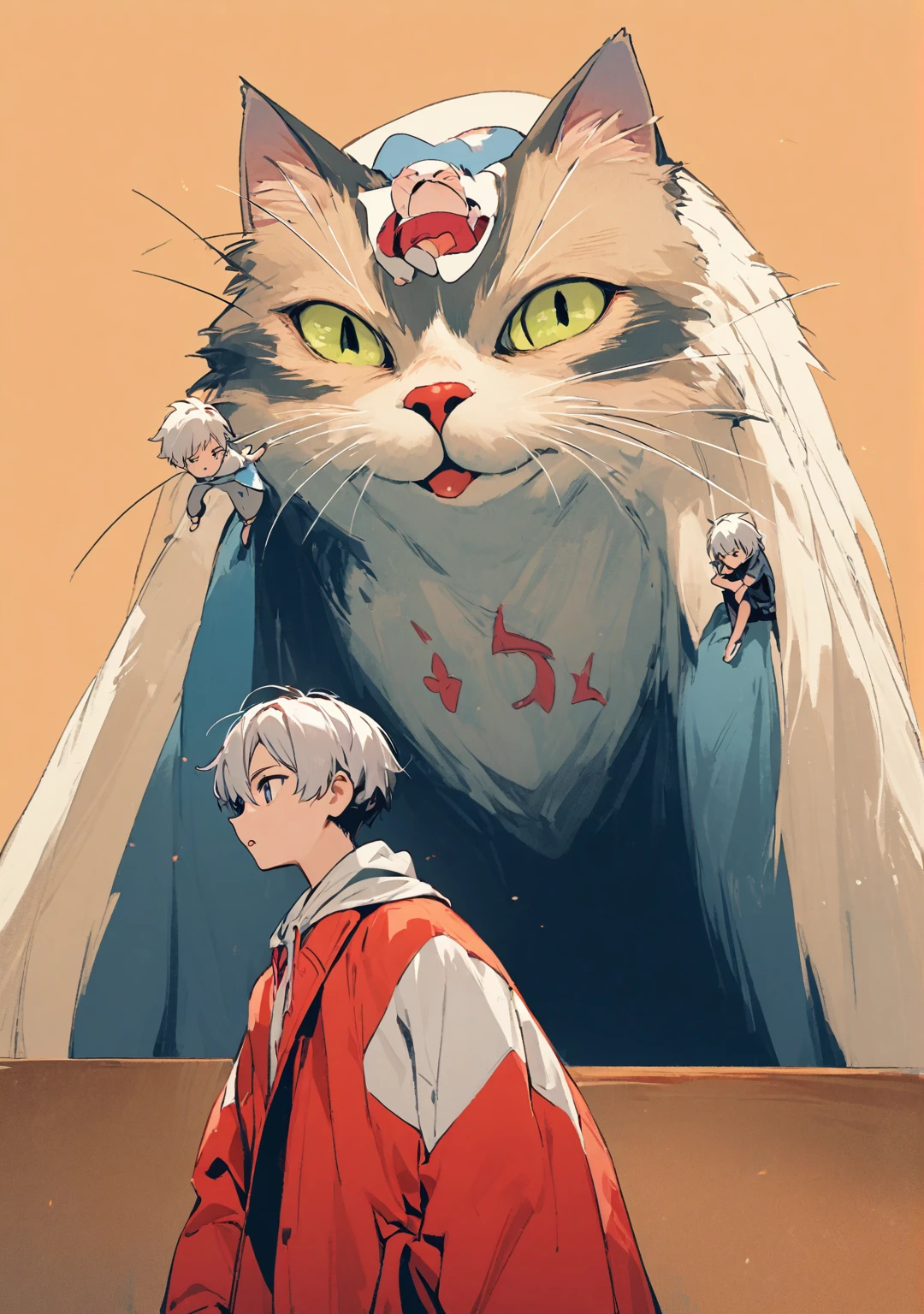 giant cat and young boy, he is panting the cat as model, different pose and angle