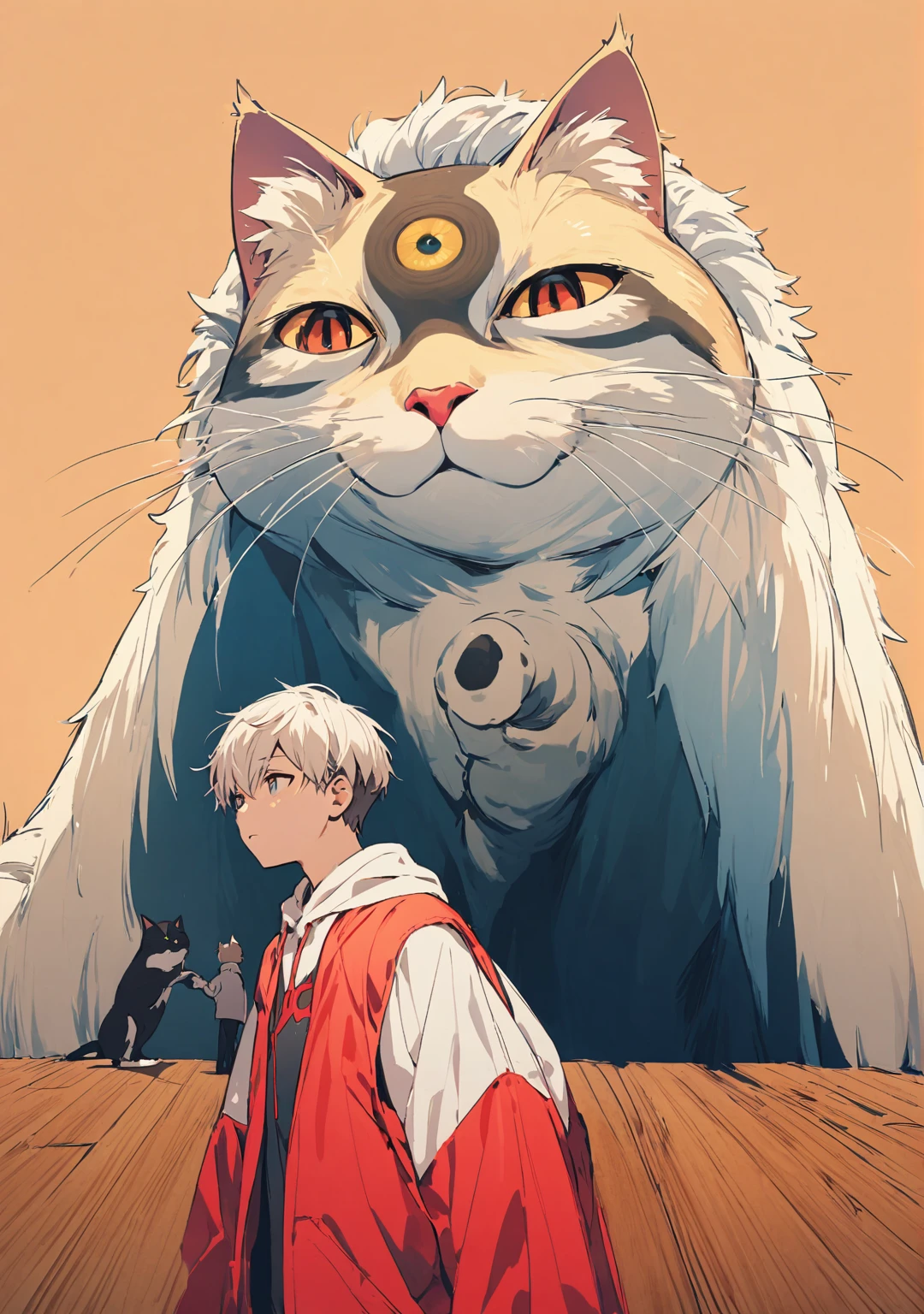 giant cat and young boy, he is panting the cat as model, different pose and angle