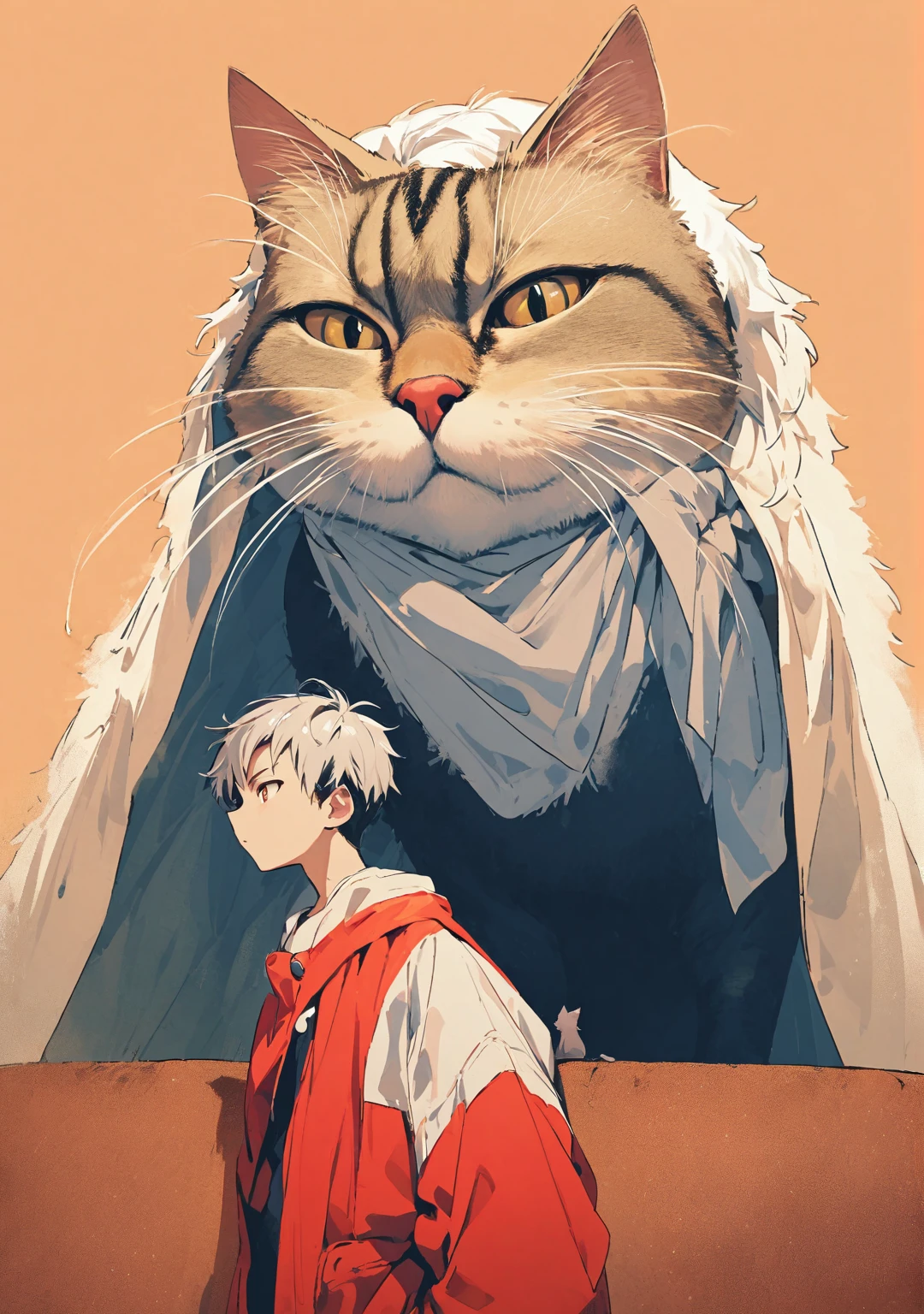 giant cat and young boy, he is panting the cat as model, different pose and angle