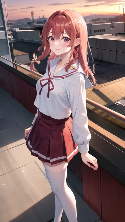 masterpiece, best quality, highres, aasumi, long hair, single braid, hair bow, serafuku, sailor collar, neck ribbon, red ribbon, white shirt, long sleeves, red skirt, pleated skirt, white thighhighs, sunset, rooftop, standing,