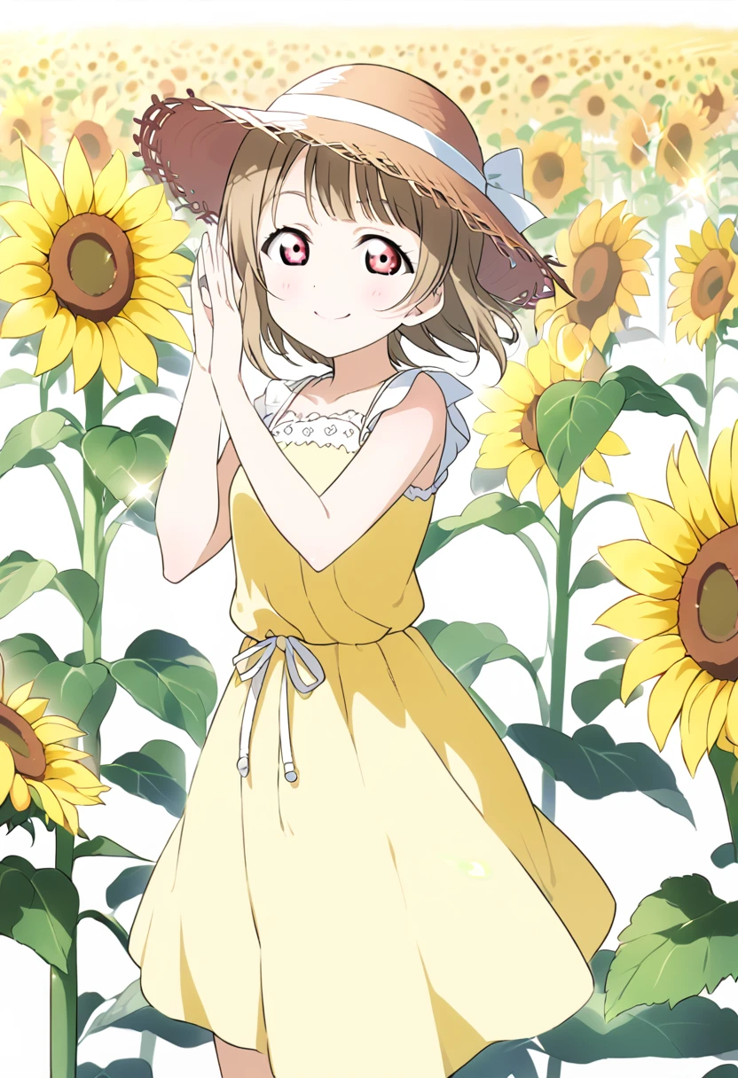 ((style:Colored pencil))Kasumi Nakasu, love live, Yellow-brown hair, Bobcut, short hair, ワンレングスBobcut, Asymmetrical Hair, Red Eye, Pastel yellow dress, No sleeve,straw hat, Large brim, adult, flare lens, single, smile, 1woman, whole body , fingersmile, Sunflower field,
nakasu kasumi,