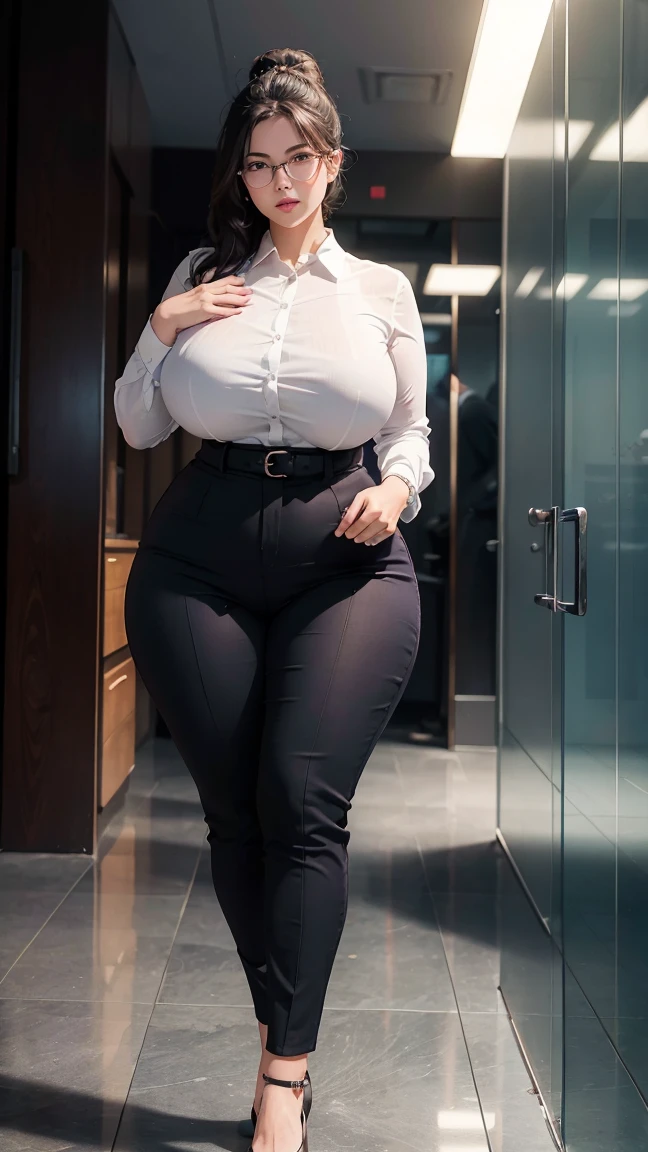 (upper body:1.2 1girl, masterpiece, best quality, ultra-detailed, illustration, finely detailed eyes and detailed face) Clothes: business suit pants, tight white blouse, wedding ring, Appearance: short black hair in a neat low bun, natural makeup, (purple eyes:1.05), white glasses, wide hips, massive breasts, alluring, motherly, at_the_CEO_office, looking at viewer, curvy, voluptuous, full body, CEO lady, (mature female, milf:1.1), solo, (curvy:1.1), big ass, thick thighs, milf, modern office background, buttoned up blouse, big tits