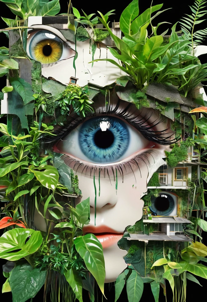 dadaist,Eye,Distorted faces,Deconstruction,Eye上的建筑,plant,Splicing,3D space