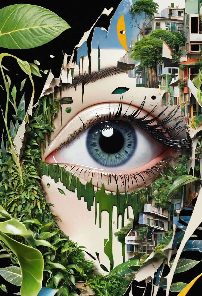 dadaist,Eye,Distorted faces,Deconstruction,Eye上的建筑,plant,Splicing,3D space