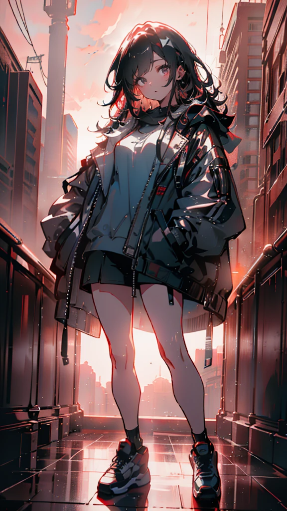 a beautiful redhaired girl, rose-colored eyes, cyberpunk style, hand in pocket, black hoodie, sneakers, (best quality, 4k, 8k, highres, masterpiece:1.2), ultra-detailed, (realistic, photorealistic, photo-realistic:1.37), hyperrealistic, intricate details, vibrant colors, dramatic lighting, cinematic composition, dynamic pose, moody atmosphere