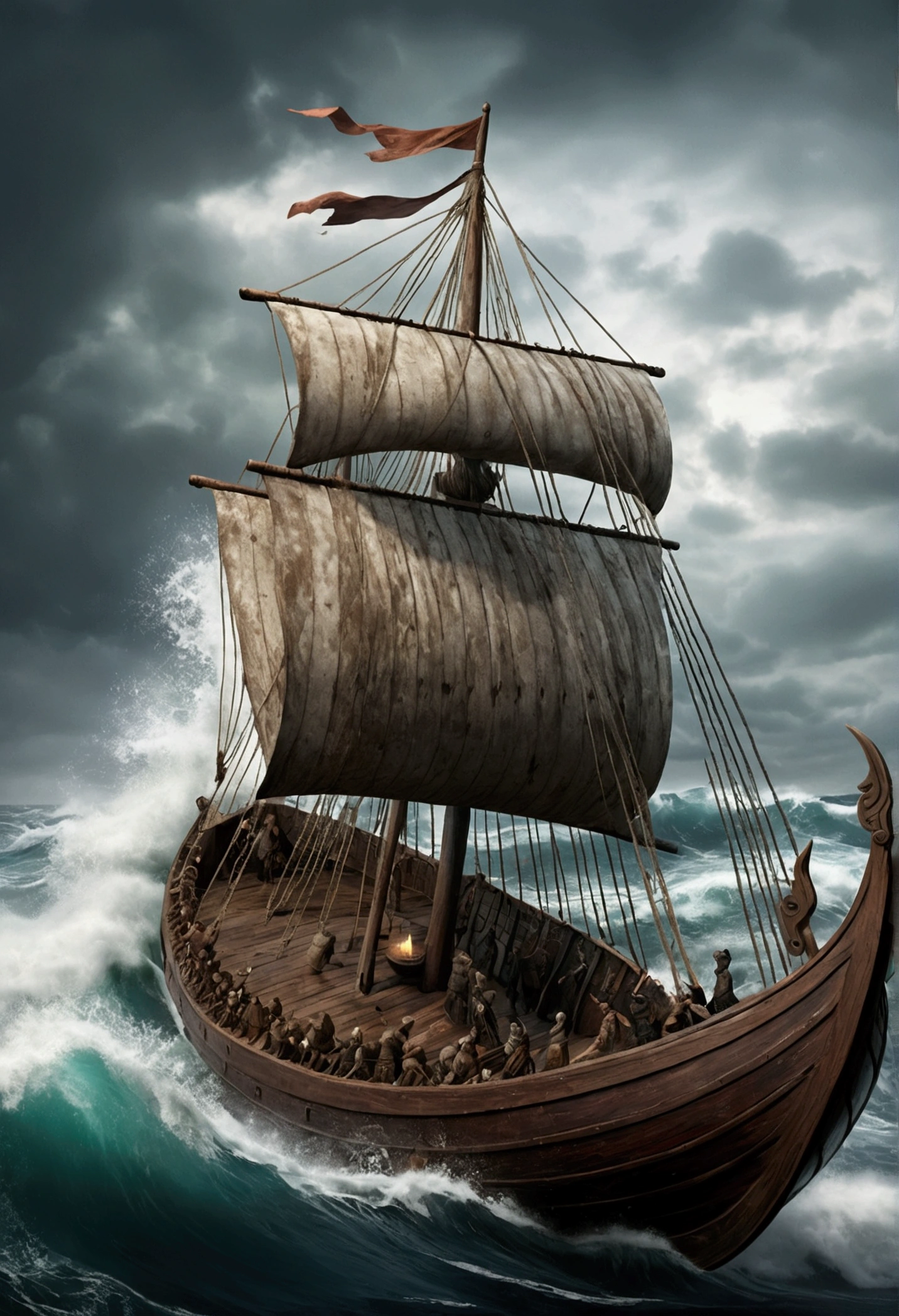 In the middle of a turbulent sea, where gigantic waves crash furiously into each other, a glass bottle floats, being thrown from one side to the other. Inside this bottle, a viking boat rests, meticulously constructed, with its weathered sails and wooden shields adorning its sides. The bottle shakes violently, but the boat remains firm inside, as a symbol of resistance and imprisoned history.