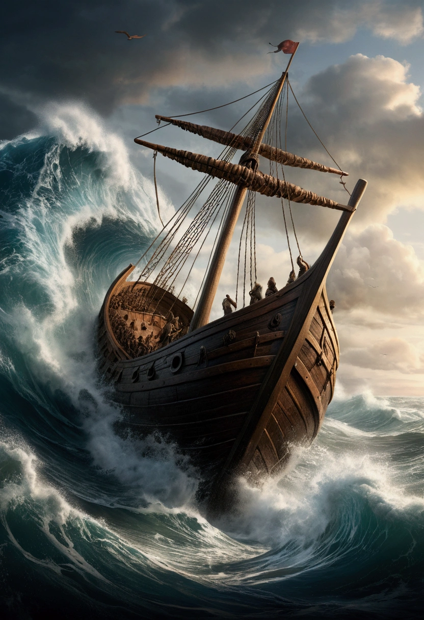 In the middle of a turbulent sea, where gigantic waves crash furiously into each other, a glass bottle floats, being thrown from one side to the other. Inside this bottle, a viking boat rests, meticulously constructed, with its weathered sails and wooden shields adorning its sides. The bottle shakes violently, but the boat remains firm inside, as a symbol of resistance and imprisoned history.