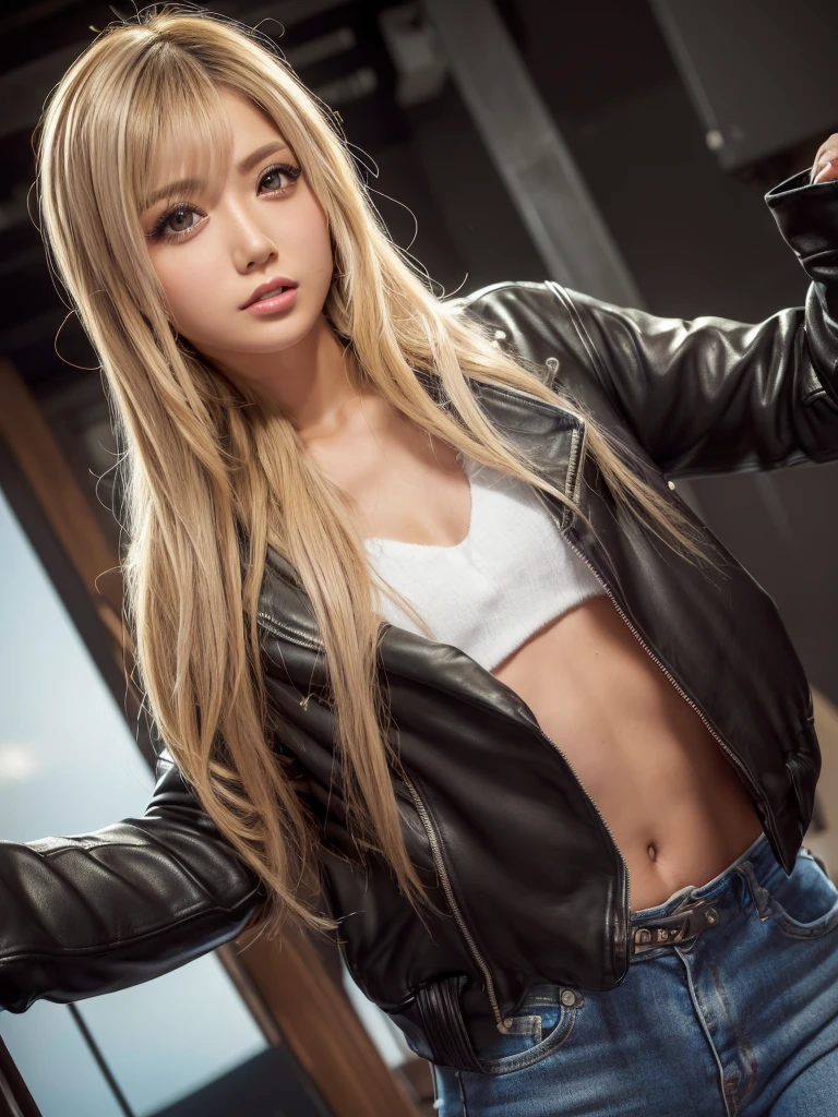 (masterpiece:1.2), Super detailed, Ultra-high resolution, (Realistic, photo Realistic:1.37), High-definition RAW color photos, Professional photos, Very delicate and beautiful, Very detailed, In detail, Large file size, Very detailed beautiful girl, Very detailed face, Very detailed eyes, Very detailed skin, Very detailed nose, Very detailed mouth, Perfect Anatomy, Very detailed背景, Shiny skin, (Famous Japanese actresses:1.3), Flat Chest, Staring at the audience, (Dynamic pose:1.4), Dynamic Lighting, (Leather jacket with little fabric, Abdominal Peek, hot pants:1.2), (Brown people, Dark Skin, Blonde:1.55), (Shibuya Ward;1.25), (whole body:1.35), Lens flare,