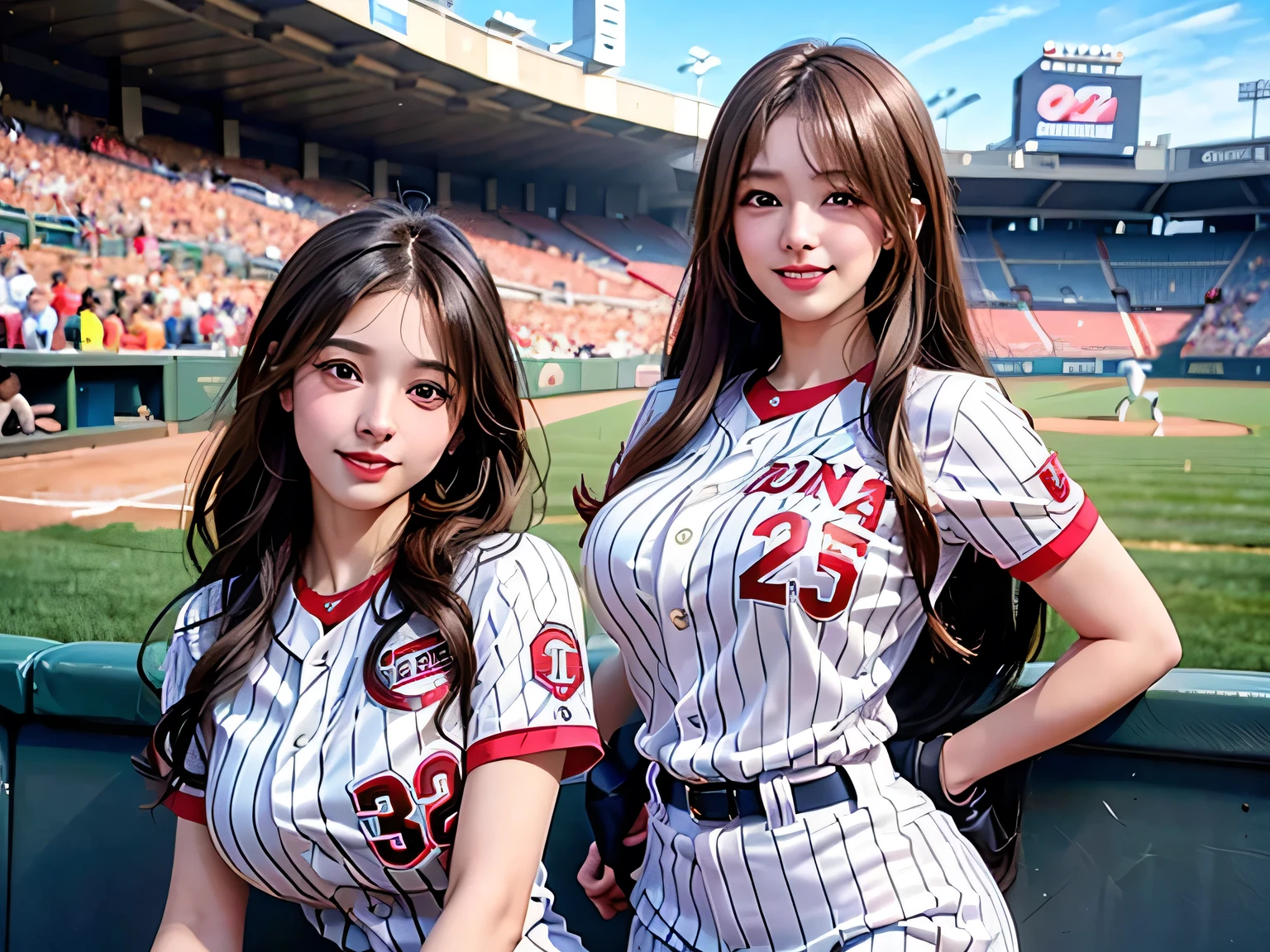 group_mf, 
a young and beautiful female baseball player wearing a baseball uniform playing a female baseball game in a stadium, dynamic plays, (Super busty and super hourglass figure:1.2),  confident smile, (best quality, 4k, 8k, highres, masterpiece:1.2), ultra-detailed,(realistic, photorealistic, photo-realistic:1.37), beautiful detailed eyes, beautiful detailed lips, extremely detailed eyes and face, longeyelashes, 3girl, baseball, stadium, dynamic action, hourglass figure, huge breasts, confident smile, warm lighting, vibrant colors, (Dynamic batting or pitching:1.2)