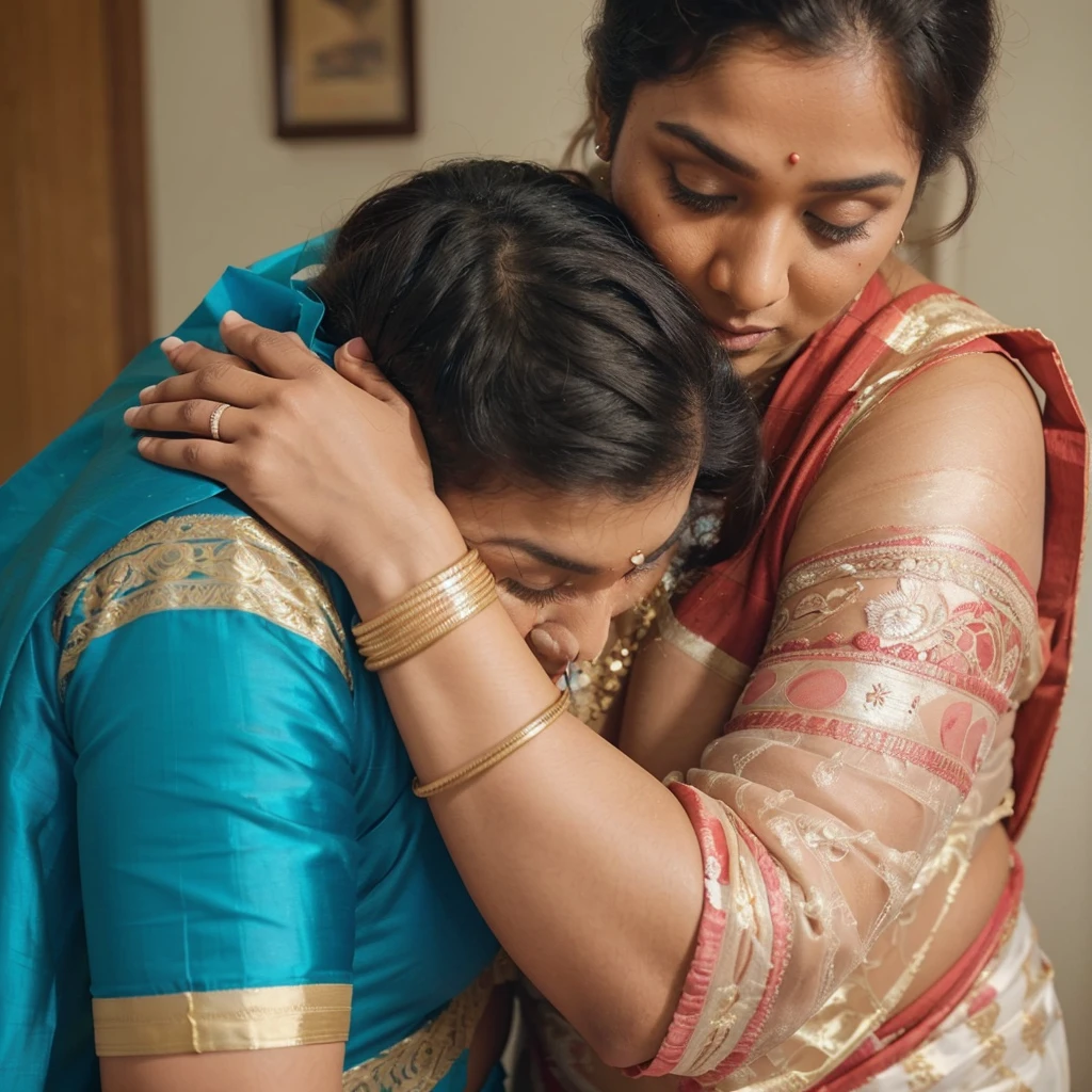 a  50-year-old shirtless man  affectionately hugging and kissing aradiant, full-figured South Indian plus-sized 30 year old teacher wearing a off white silky saree in  dressing room, captured in a full-body image with vibrant hues and meticulous details. Full body image