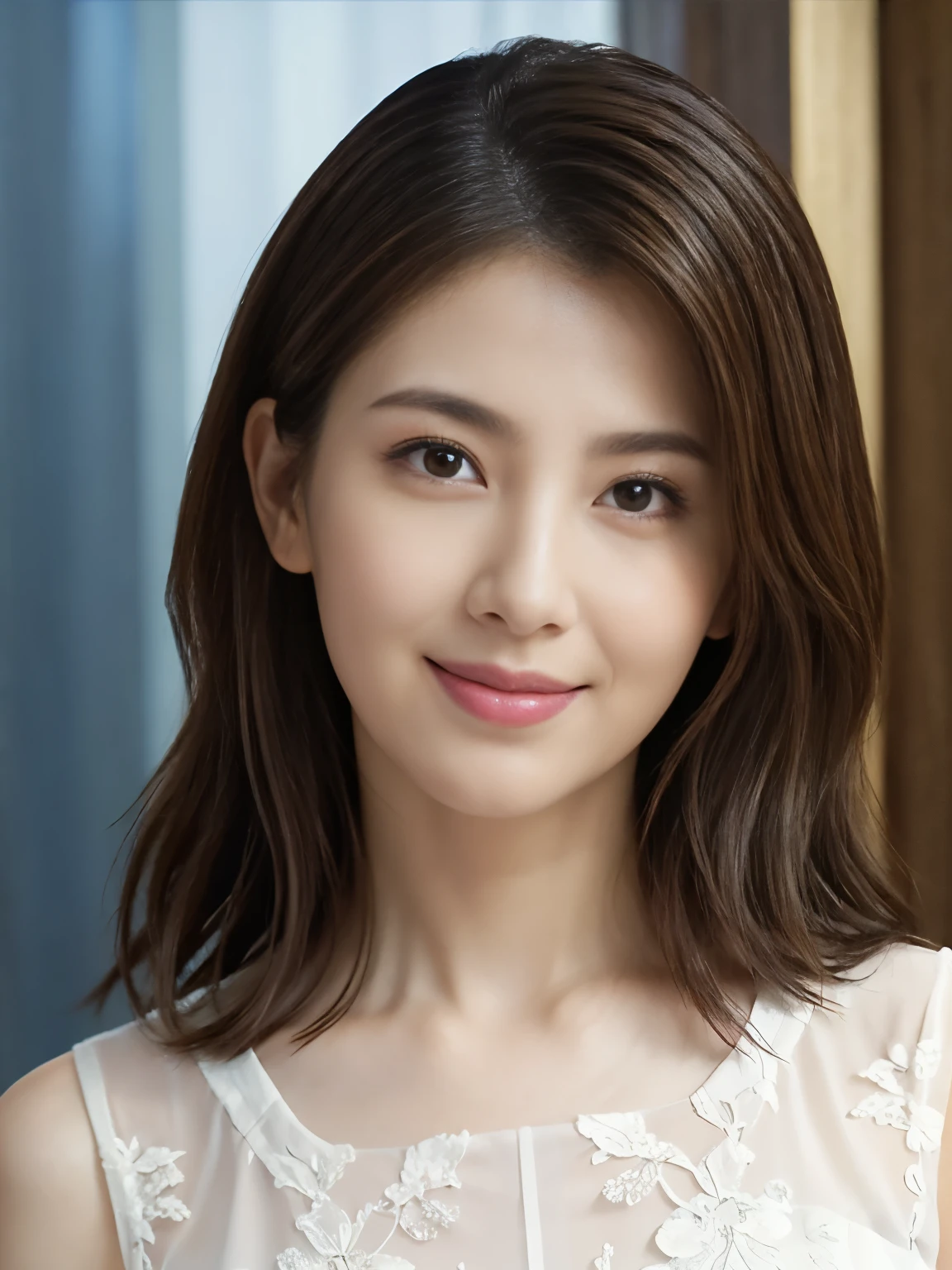(Raw Photo), (Photorealsitic), (Masterpiece), (Best Quality), High Resolution, 8K, (Intricate Details), (Voluminous Light), Portrait, Female, (50 Years Old), Medium Hair, Layered hair, brown hair, very fine eyes, source order, very fine eyebrows, very fine skin, very fine mouth, very fine nose, like an idol, happy smile, (thick lips), (looking at the viewer), (elegant vivid colorful Translucent shot dress), waist shot, (Random body orientation),