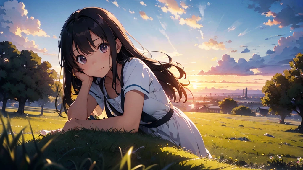 Vast landscape photography、grassland、(View from below、Shows the sky above and below)、High resolution、Highest quality、Very detailed、makoto shinkai、sunset、Girl in white dress looking sideways、smile、College student with long brown hair、Lens blur