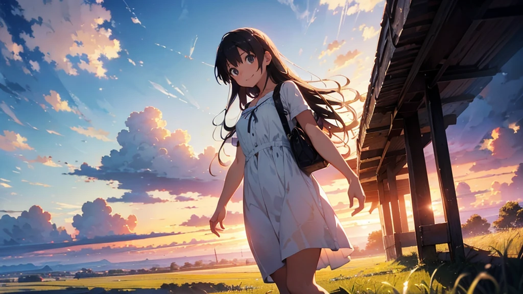 Vast landscape photography、grassland、(View from below、Shows the sky above and below)、High resolution、Highest quality、Very detailed、makoto shinkai、sunset、Girl in white dress looking sideways、smile、College student with long brown hair、Lens blur