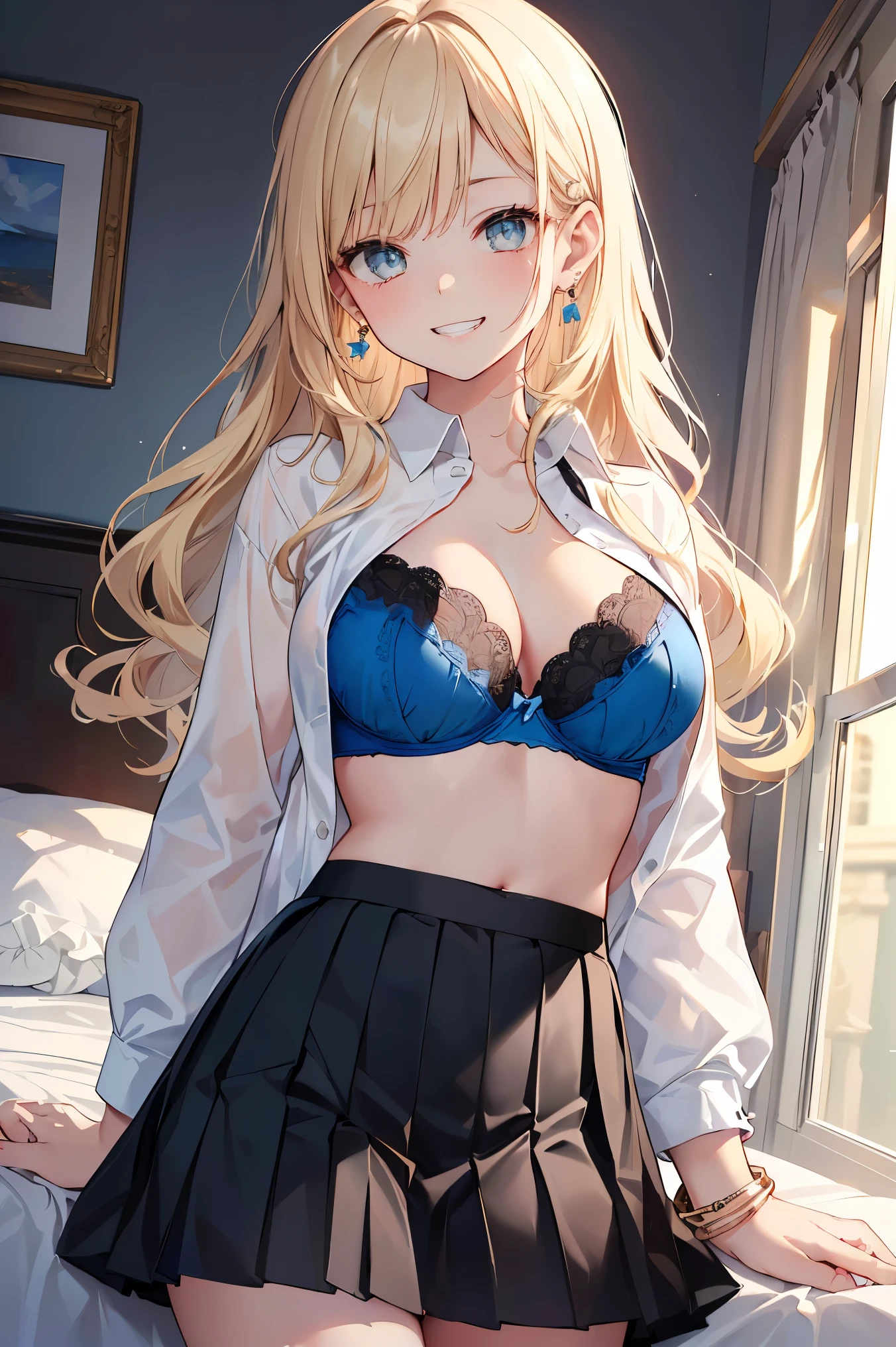 ((masterpiece、Highest quality、Very detailed))、One Girl、Improve、blonde、Long Hair、Wavy Hair、Grey Eyes、Wicked Smile、((Grin))、Pink Lips、((there are a lot of earrings))、Large Breasts、((White shirt))、((Open clothes))、((Open shirt))、((Blue Bra))、((Black pleated skirt))、bracelet、Cowboy Shot、((I had already finished))、Bedroom Background