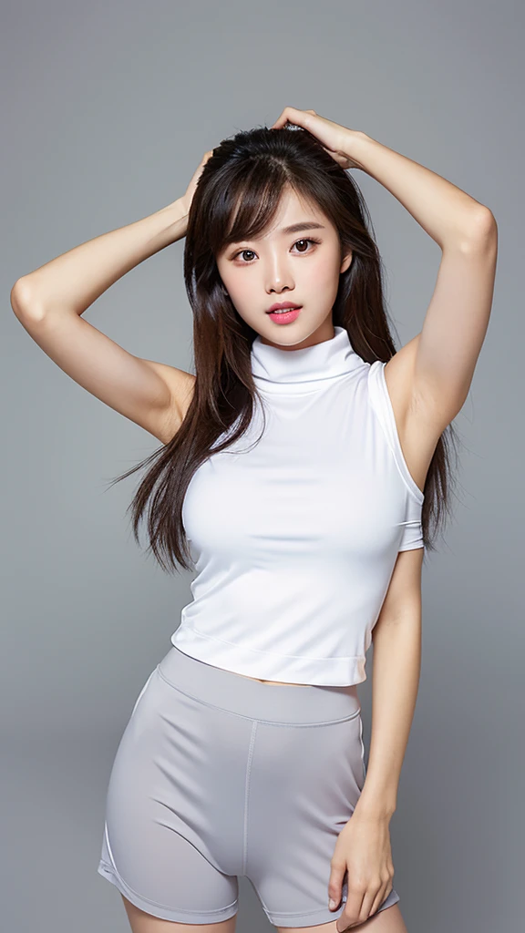vivid,Normal chest,((between legs)),cute,(Detailed face),Sharp Eyes,Turtleneck sleeveless sporty lightweight(Grey plastic)Clothes,Ultra-high resolution,(Photorealistic:1.7),Black long hair,Gray background,