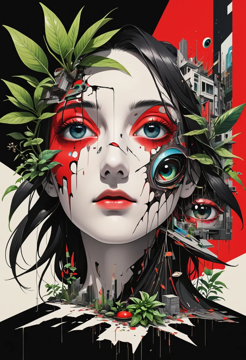 dadaist,Eye,Distorted faces,Deconstruction，Eye上的建筑，plant，Splicing，3D space，black，red