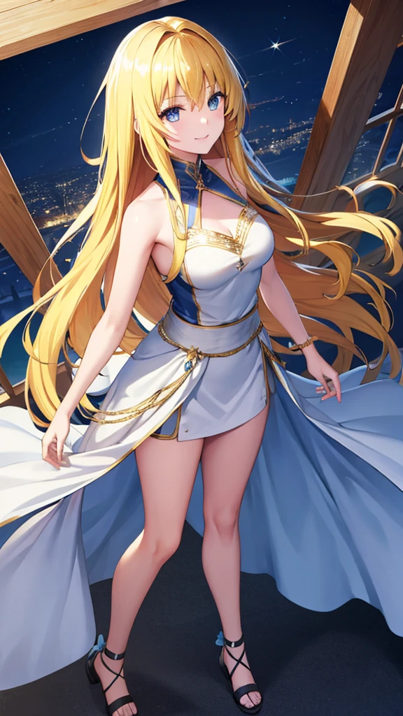 (masterpiece:1.3), (best quality:1.1), (8k, ultra detailed, ultra high res:1.2), ((anime style)), perfect 5 fingers, perfect anatomy,
1girl,
BREAK long hair, wavy hair,
(blonde hair),
(blue eyes),
medium breasts, camisole, (Sequins:1.2),
BREAK smile,
(gazing skyward:1.2),
full body, medium wide shot,
white background,