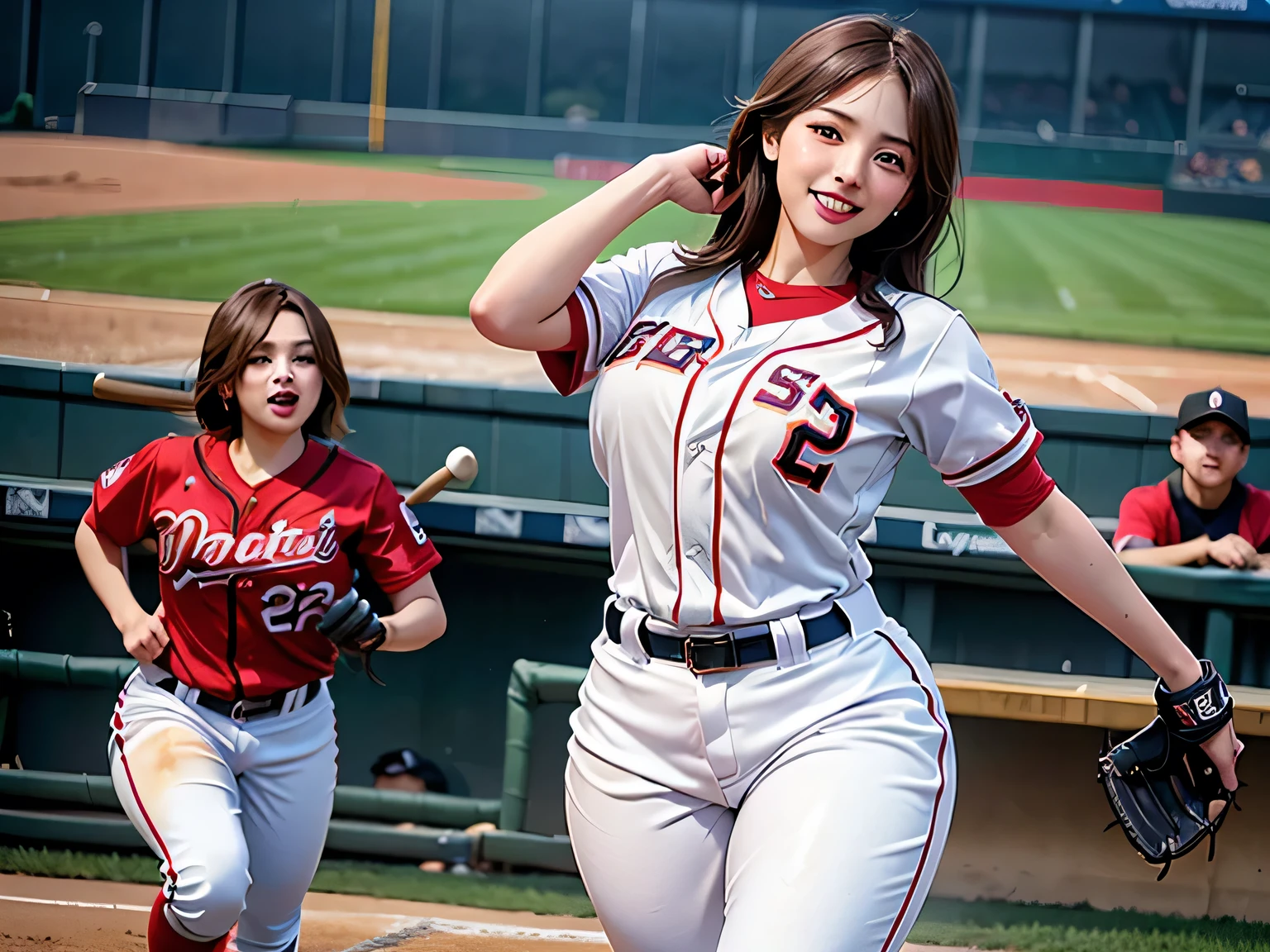 group_mf, 
a young and beautiful female baseball player wearing a baseball uniform playing a female baseball game in a stadium, dynamic plays, (Super busty and super hourglass figure:1.2),  confident smile, (best quality, 4k, 8k, highres, masterpiece:1.2), ultra-detailed,(realistic, photorealistic, photo-realistic:1.37), beautiful detailed eyes, beautiful detailed lips, extremely detailed eyes and face, longeyelashes, 3girl, baseball, stadium, dynamic action, hourglass figure, huge breasts, confident smile, warm lighting, vibrant colors, (Dynamic batting or pitching:1.2)