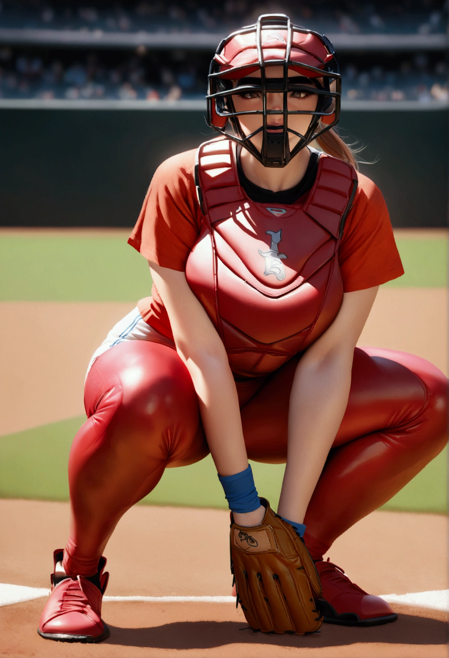 Female baseball catcher, huge breasts, BIG ASS, Baseball catcher's mask, detailed Catcher's mitt, detailed (Catcher's body protector:1.3), knee pad, leg protector, Catching posture, (detailed cameltoe:0.5), full body shot from front, baseball diamond background, cinematic lighting, masterpiece, accurate, anatomically correct, textured skin, high details, high quality, best quality, 