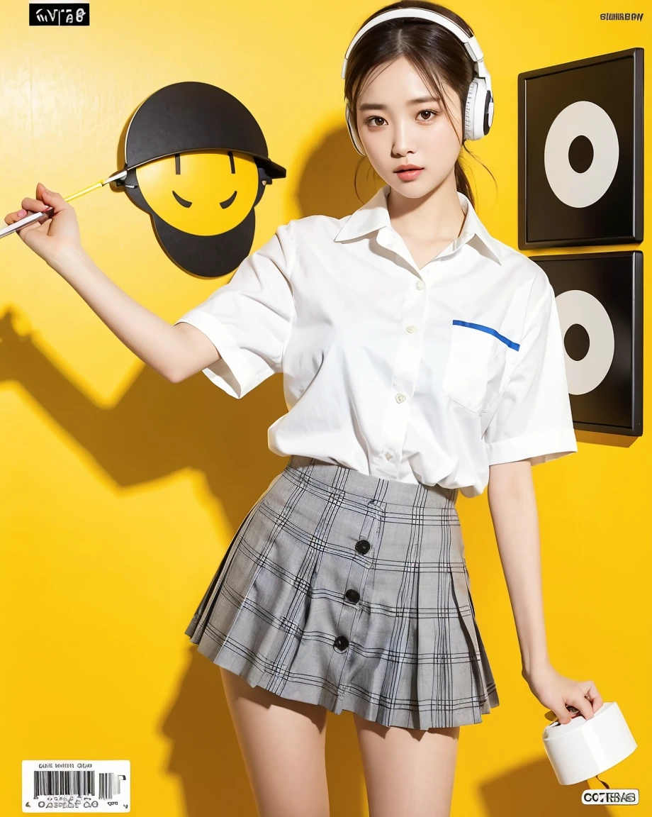 Realistic, 8K, masterpiece, RAW Photos, Highest quality, Realistic, 非常に詳細な CG Unity 8K 壁紙, Written boundary depth, Cinematic Light, Lens flare, Ray Tracing, Perfect lighting,short hair, (Delicate skin), (Delicate face), (Pop Background :1.1), person standing and watching、Comical movement,1 female、Headphones,(Yellow background),Modern Style,Artistic,moving composition,Unique Pattern,Bold Texture,colorful,Imaginative,Whimsical,Vibrant,like々Shii,Playful,Lively,creative,Expressive,stylish,trend,One Girl,Eating pizza、Coca-Cola Poster、Lemon on the background, (school uniform:1.2), ((loose style, tucked out tops):1.2), (fusion of oversized white tunic and white collared-shirt with untucked:1.4), (short sleeve:1.3), (button-up:1.4), (black and gray plaid pattern pleated mini skirt:1.2), (thigh skin:1.4),