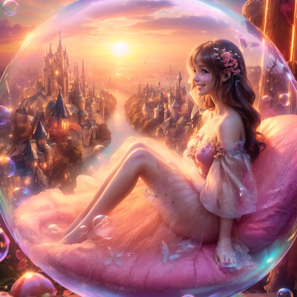 (cropped profile photo), ((1 beautiful young woman inside a soap bubble: 1.5)), sitting on a pink pillow, ((flying through a beautiful and magical fairy tale city: 1.4)), (hyper detailed : 1.3), ((clothes delicate dress with flower decorations: 1.4)), ((sunset background below a beautiful fairy tale landscape: 1.3)), ((Imaginative scene)), ((Perfect faces and bodies, meticulously detailed: 1.3)), ((far shot: 1.4)),((best quality)), ((masterpiece)), 3D, (((sunset:1.2))), (photorealistic:1.4), ((front camera)), (smiling happily, with her hands resting inside the soap bubble, surprised by the beautiful fairy city:1.4), ((Movie lighting: 1.2)), 32k.