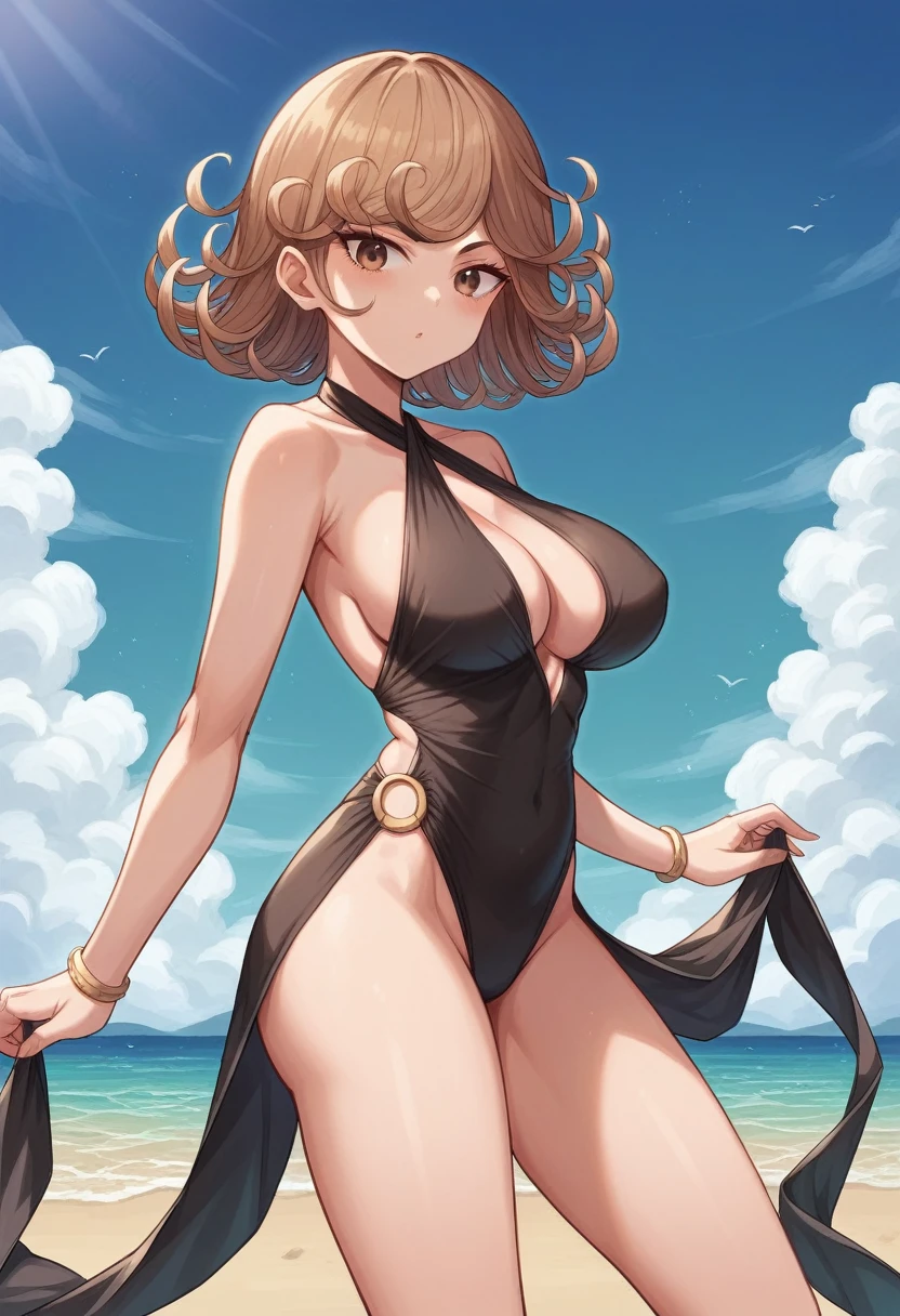  Tatsumaki de biquini preto danda a bunda de ladoAnimación de Kioto,of the highest quality, (Masterpiece:1.2), Very detailed, 1 girl, alone, Sento Isuzu,Brown hair, wide, Brown eyes, clavicle,Swimsuit,playa, ELEGANT POSE,looking at the viewer,In the center of the image, (beautiful_big breasts:1.3), (beautiful_face:1.4),(beautiful_Thighs:1.1)