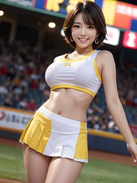 ((cheerleader, sleeveless yelow line shirt, midriff)), ((pleated yellow miniskirt)),((baseball Ground,night game照明,much-air-laden cheer)),((Highest quality)),((smile)),((short hair)),Realistic, ((High resolution)), 8K,Beautiful Skin,Beautiful, well-shaped eyes,(Korean women),((sexy)),(Glamour),Brunette colored hair,20th Generation,Bust size: 87cm、Earrings、(Sweat)、night game