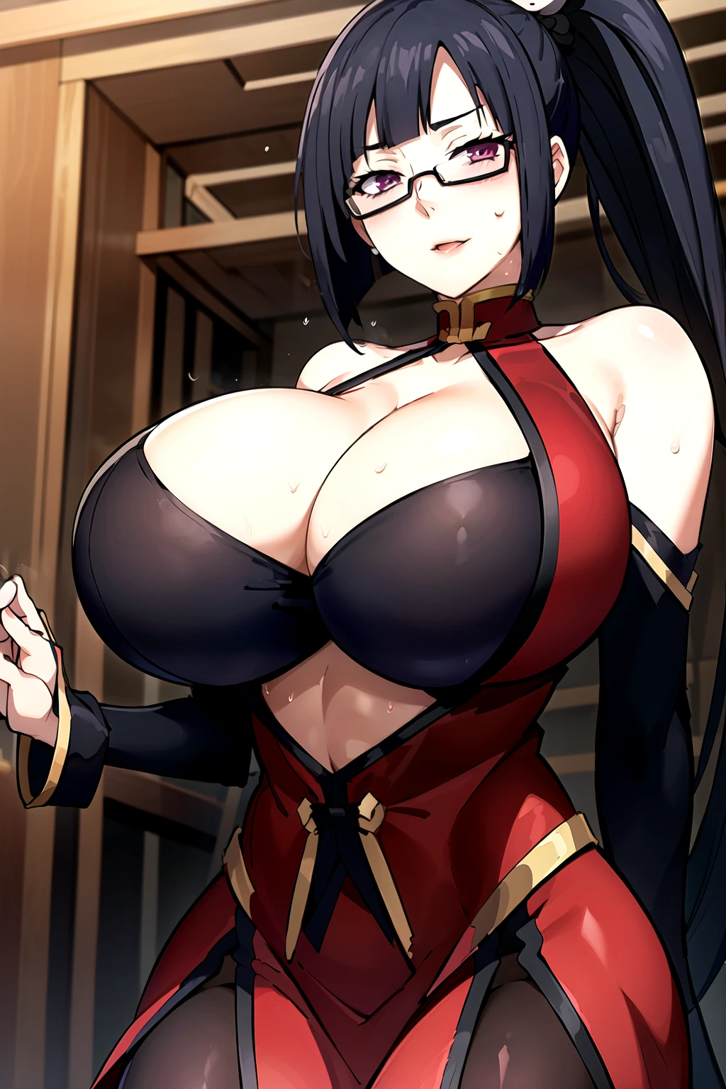 Chinatown at night,Red dress, chinese clothes, cleavage cutout, clothing cutout, bare shoulders,
semi-rimless eyewear,((black bra)),
black hair, very long hair, ponytail,bangs,purple eyes,hair ornament,
1 girl, 20yo,Young female,Beautiful Finger,Beautiful long legs,Beautiful body,
Beautiful Nose,Beautiful character design, perfect eyes, perfect face,expressive eyes,perfect balance,
looking at viewer,perfect lighting,Colorful, Bright_Front_face_Lighting,White skin,
(masterpiece:1.0),(Best_quality:1.0),
(Beautiful,huge_Breasts:1.2),(ample breasts),big tits,skinny body,cleavage,(Emphasize cleavage),((breast squeeze)), sweat,breath,steam,blush,Estrus,(beautiful_face:1.5),(narrow_waist),Beautiful illustrations,Black tights,from below,(hands on breasts),Crush the chest,Clamping breasts with arms