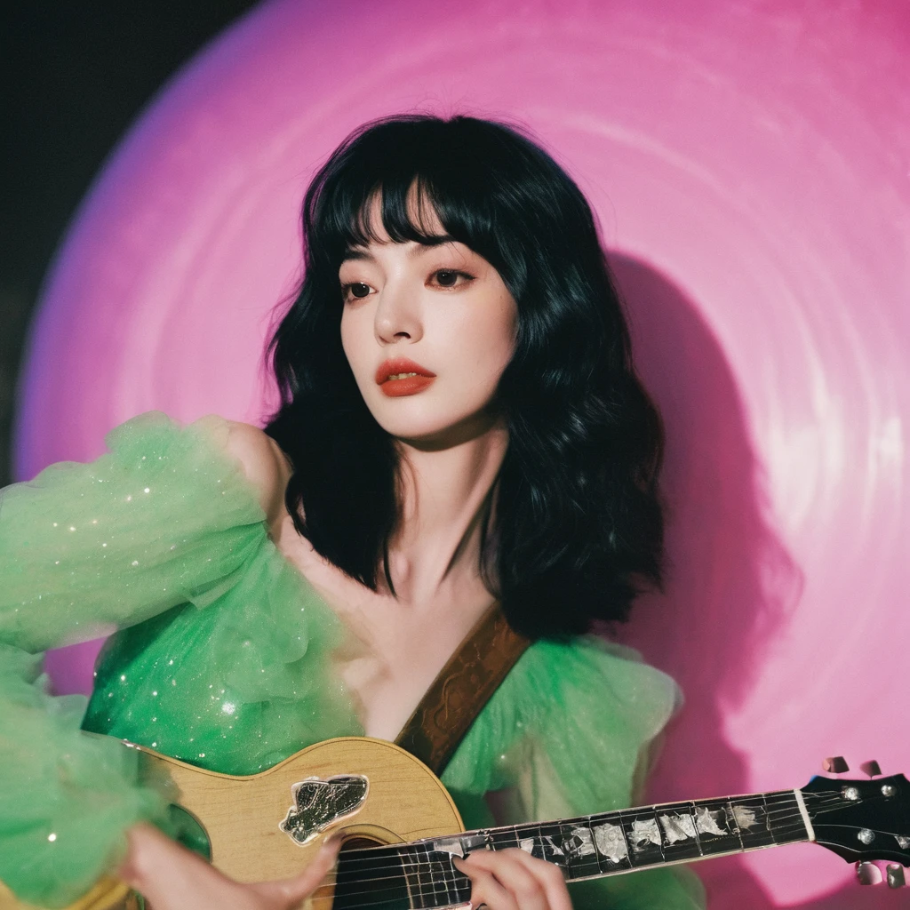 a candid photo portrait of an eccentric kawaii black bangs Korean woman, retro-futuristic, still from the film, ((solo)), (Anne Hathaway look alike face: 0.9), playing guitar on stage, looking at camera, a metallic black hole universum with stars and nebulas, pink futuristic haute couture , pastel green and pink colors, vintage, Leica SL3, Summicron-SL 75 f/2 ASPH, kodak gold 200 film, bare shoulder, dynamic action pose,
