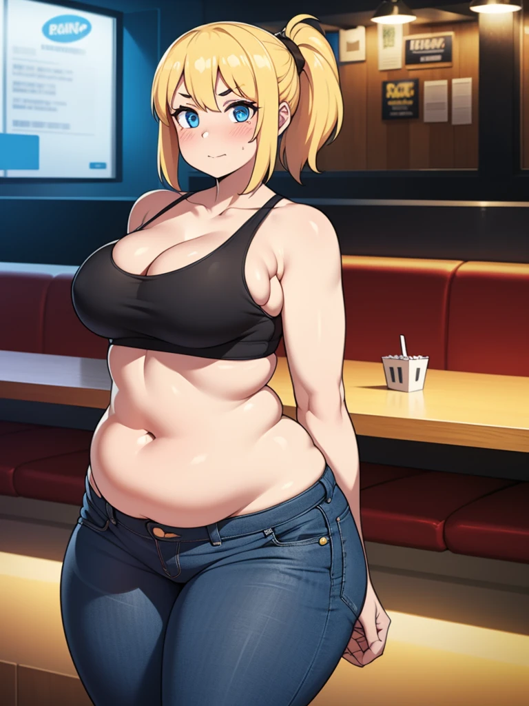 ((Masterpiece)), perfect anatomy, perfect shading, field of depth, (best quality), extremely delicate and beautiful, perfect lighting, detailed face, ultra cute face, cute, ((1girl)), ((solo))

short fluffy blonde hair, ponytail, blue eyes, ((blush)), nervous, looking at viewer, crop top, jeans, cleavage, large breasts, ((thick thighs)), (wide hips), chubby, chubby belly, 

intricate background, detailed background, fast food restaurant, arms behind back,
