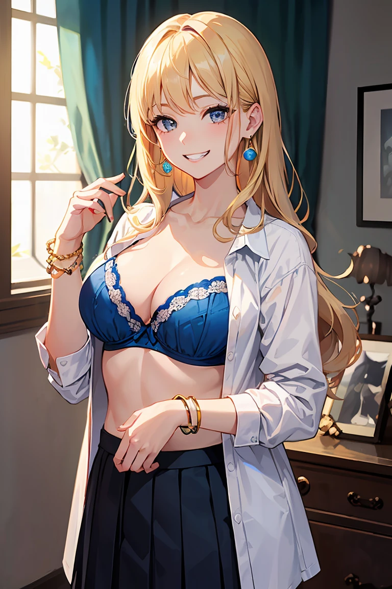 ((masterpiece、Highest quality、Very detailed))、One Girl、Improve、blonde、Long Hair、Wavy Hair、Grey Eyes、Wicked Smile、((Grin))、Pink Lips、((there are a lot of earrings))、Large Breasts、((White shirt))、((Open clothes))、((Open shirt))、((Blue Bra))、((Black pleated skirt))、bracelet、Cowboy Shot、((I had already finished))、Bedroom Background