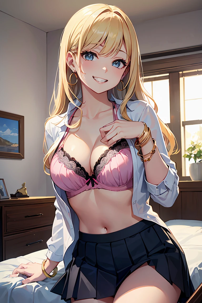((masterpiece、Highest quality、Very detailed))、One Girl、Improve、blonde、Long Hair、Wavy Hair、Grey Eyes、Wicked Smile、((Grin))、Pink Lips、((there are a lot of earrings))、Large Breasts、((White shirt))、((Open clothes))、((Open shirt))、((Blue Bra))、((Black pleated skirt))、bracelet、Cowboy Shot、((I had already finished))、Bedroom Background