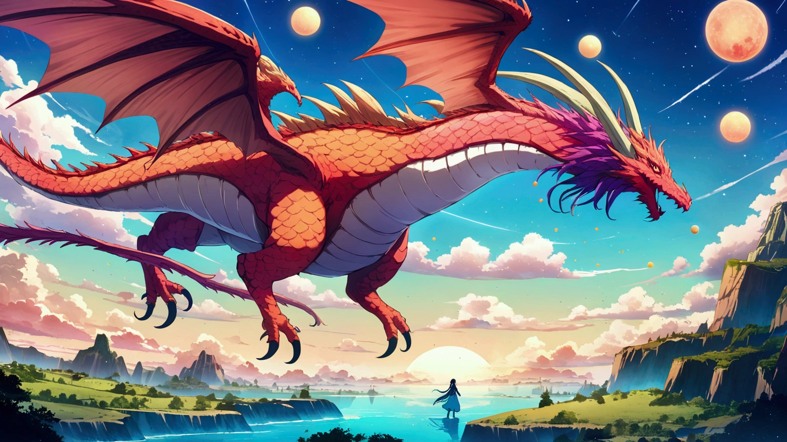 fantasy anime landscape, anime style, flying dragon, oversized flowers, strange magical creatures, bright sky, multiple moons, celestial bodies, vibrant colors