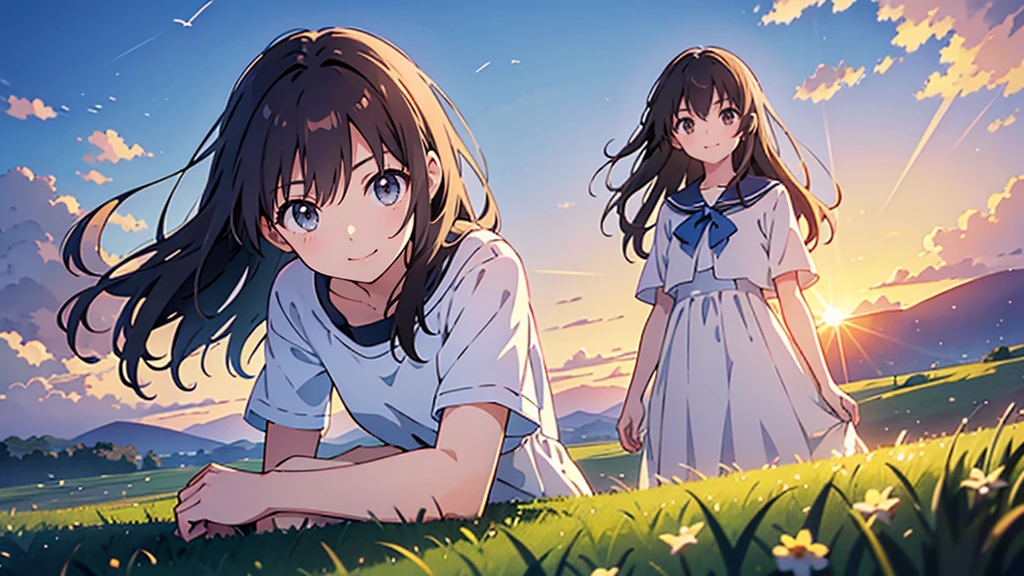 Vast landscape photography、grassland、(View from below、Shows the sky above and below)、High resolution、Highest quality、Very detailed、makoto shinkai、sunset、Girl in white dress looking sideways、smile、College student with long brown hair、Lens blur