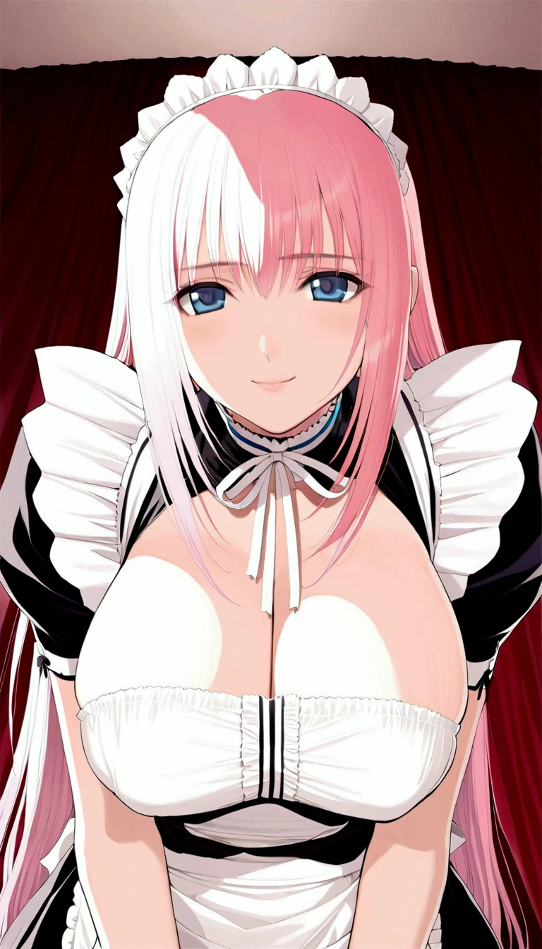 ,{{Masterpiece:1.5}},{Detailed and beautiful depiction 1.5},Official Art,Beautiful adult woman ,Megurine Luka,Pink long hair,blue eyes,Large Breasts,Erotic smile temptation,Maid clothes,bedroom