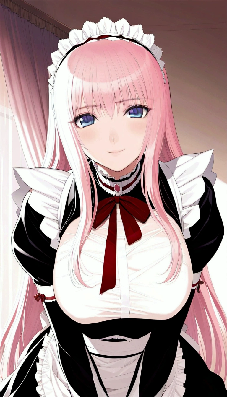 ,{{Masterpiece:1.5}},{Detailed and beautiful depiction 1.5},Official Art,Beautiful adult woman ,Megurine Luka,Pink long hair,blue eyes,Large Breasts,Erotic smile temptation,Maid clothes,bedroom
