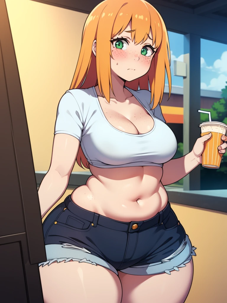 ((Masterpiece)), perfect anatomy, perfect shading, field of depth, (best quality), extremely delicate and beautiful, perfect lighting, detailed face, ultra cute face, cute, ((1girl)), ((solo))

long fluffy orange hair, green eyes, freckles, ((blush)), nervous, looking at viewer, crop top, shorts, cleavage, small breasts, (((thick thighs))), ((wide hips)), chubby,

intricate background, detailed background, fast food restaurant, holding drink,
