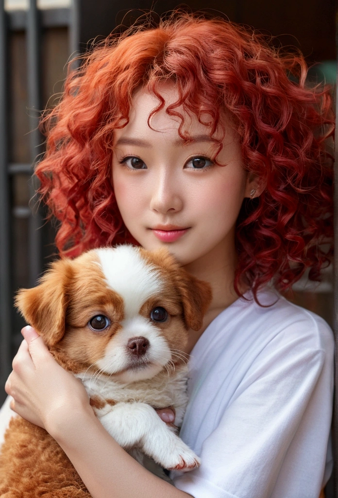  with red curly hair holding a shitszu dog，adorable，moe style