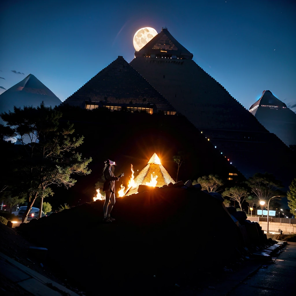 A person wears VR glasses,See the magnificent pyramids,Game CG,Extremely high resolution,In the cyberpunk city,moon,night,There are torches near the pyramids