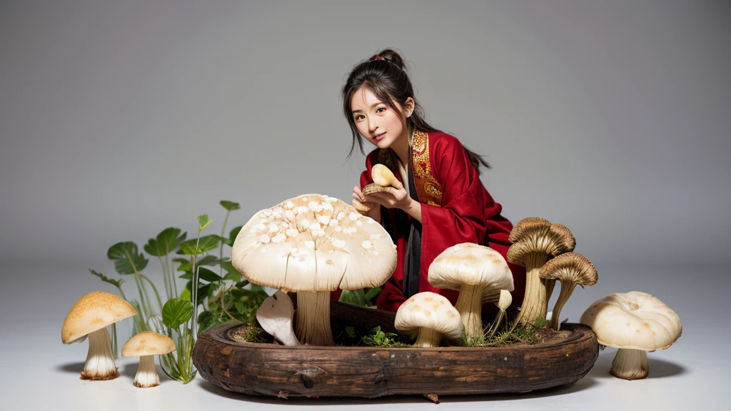 Tibetan beauty holding matsutake mushroom，Transparent Background