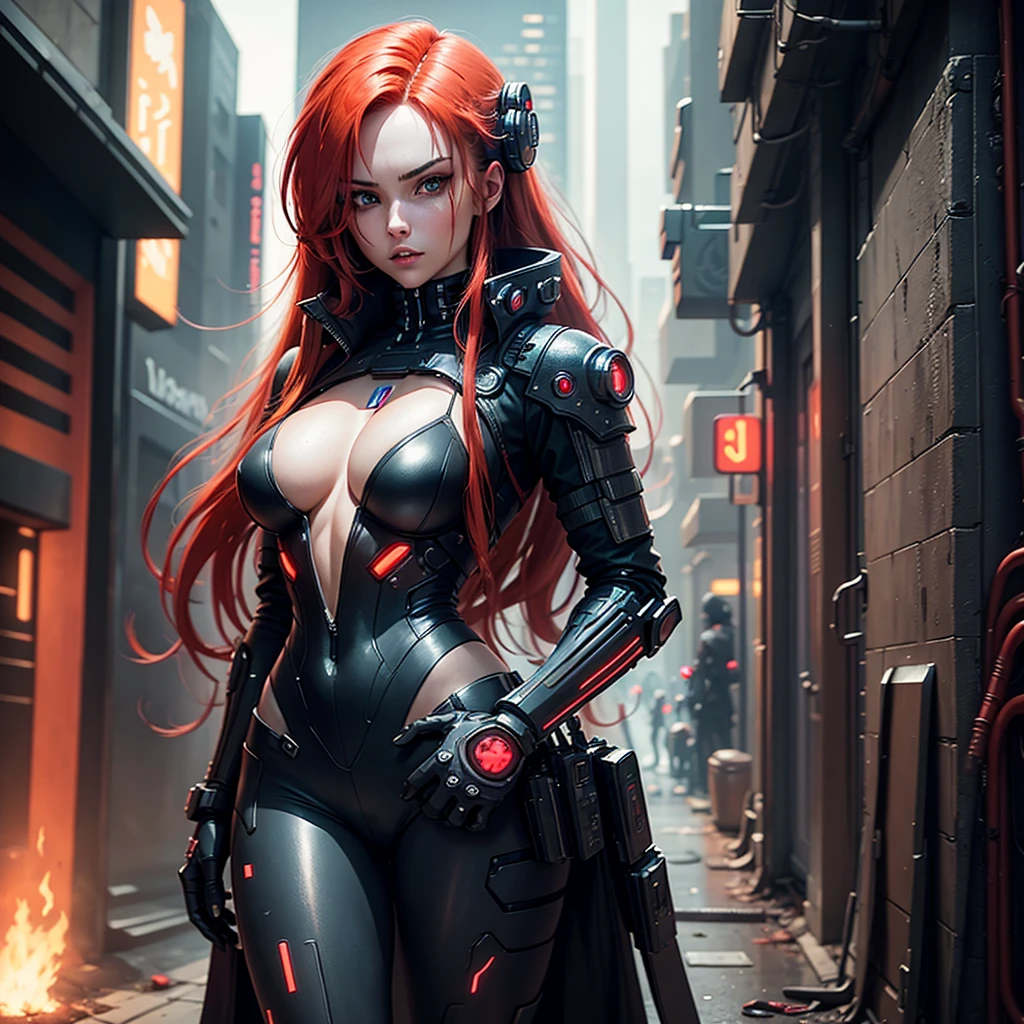 Fantastic cyberpunk style. Beautiful cyborg girl with long red hair, dressed in a black android suit with a cleavage and small red details, stands vertically in front of the camera. Her hands are behind her back. The girl's face is sweet and kind, She looks into the lens with a playful, with a slightly flirtatious look and a slight smile. Фон тёмный night city, night time, night, dark, twilight, with red flashes, creating an atmosphere of slight sadness. Shooting angle from below, almost from ground level. Primary colors - black and red, night city