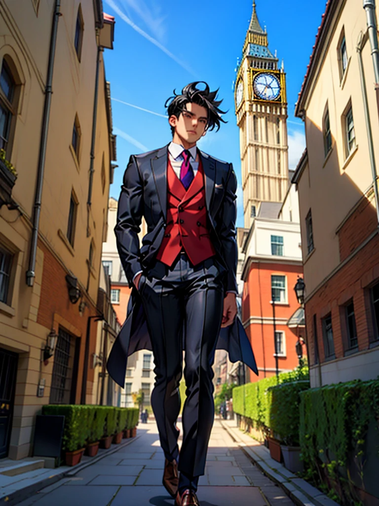 man, 32 years, mostly black hair with wine red highlights, semi marked jaw, noticeable muscles, well-formed pectorals, both eyes amber, wearing an elegant suit with a medical large tunic, I would be looking out of a balcony of a building and in the background I would see a clock tower like the Big Bang in London., well drawn hands, well drawn body.