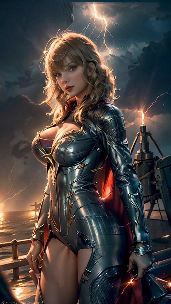 half-length,(Taylor Swift:1.5),(Perfect figure,be tall and slim),solo,standing,(lightning and thunder in the background:1.5),sky,Focus on the face,Beautiful face,Detailed delicate young face,supergirl, (Super girl suit:1.5),Jumpsuit,(huge breasts,Big tits,Big breasts:1.6),thigh gap,cameltoe, (red cape:1.3),
realistic style,vivid picture,masterpiece, (best quality:1.2),ultra-detailed,realistic,High definition,High quality,Cinematic Light,Ray tracing,ultra high res,UHD,(photorealistic:1.5),intricate details,detailed texture,finely detailed,High quality shadow