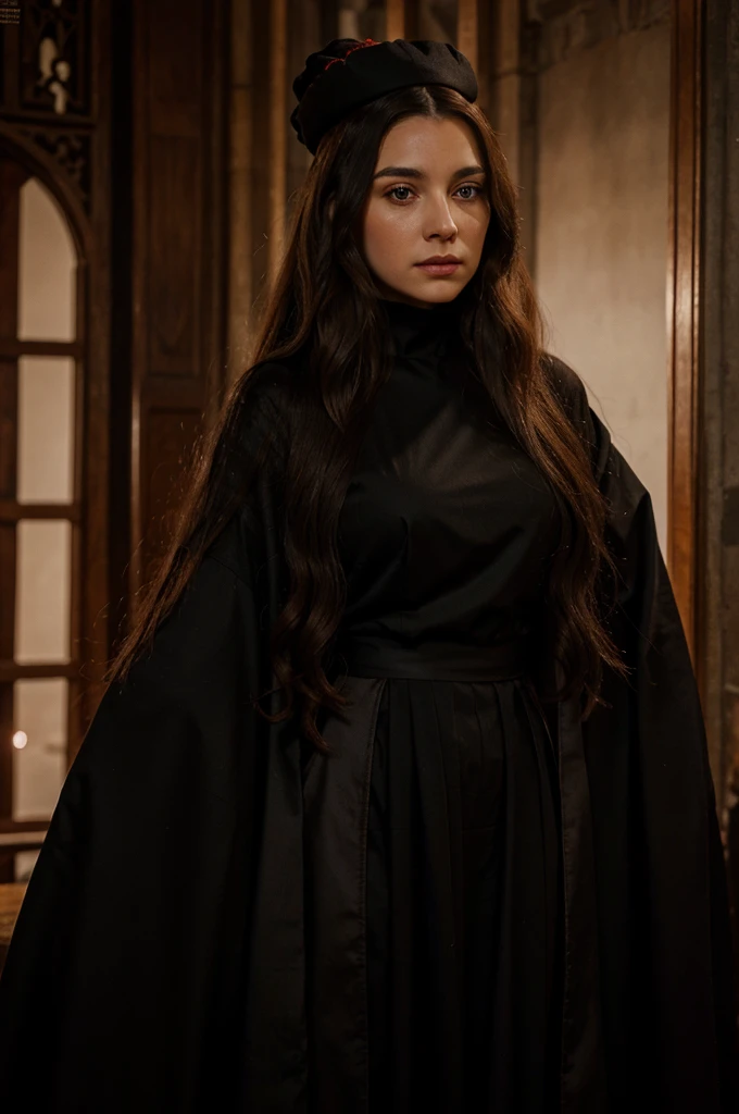 create a 40 year old medieval queen, wearing black and red clothes, long dark brown wavy hair, black eyes