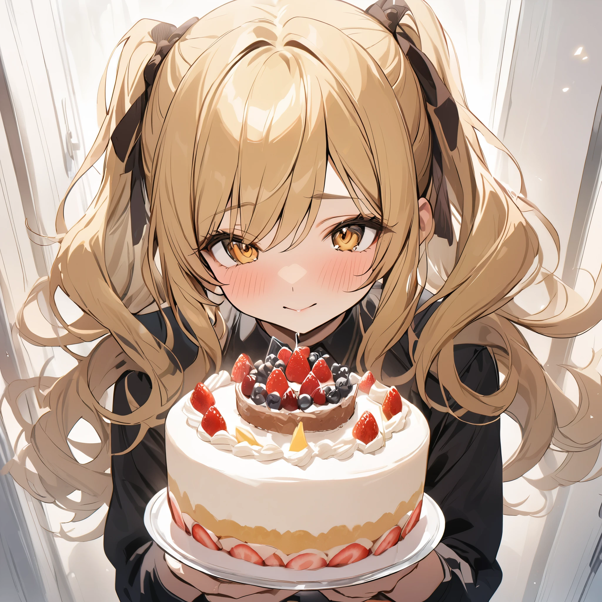 Highest quality, masterpiece, Tomomi,Blonde, Twin tails, Curly Hair, Yellow Eyes, cute, Have a cake