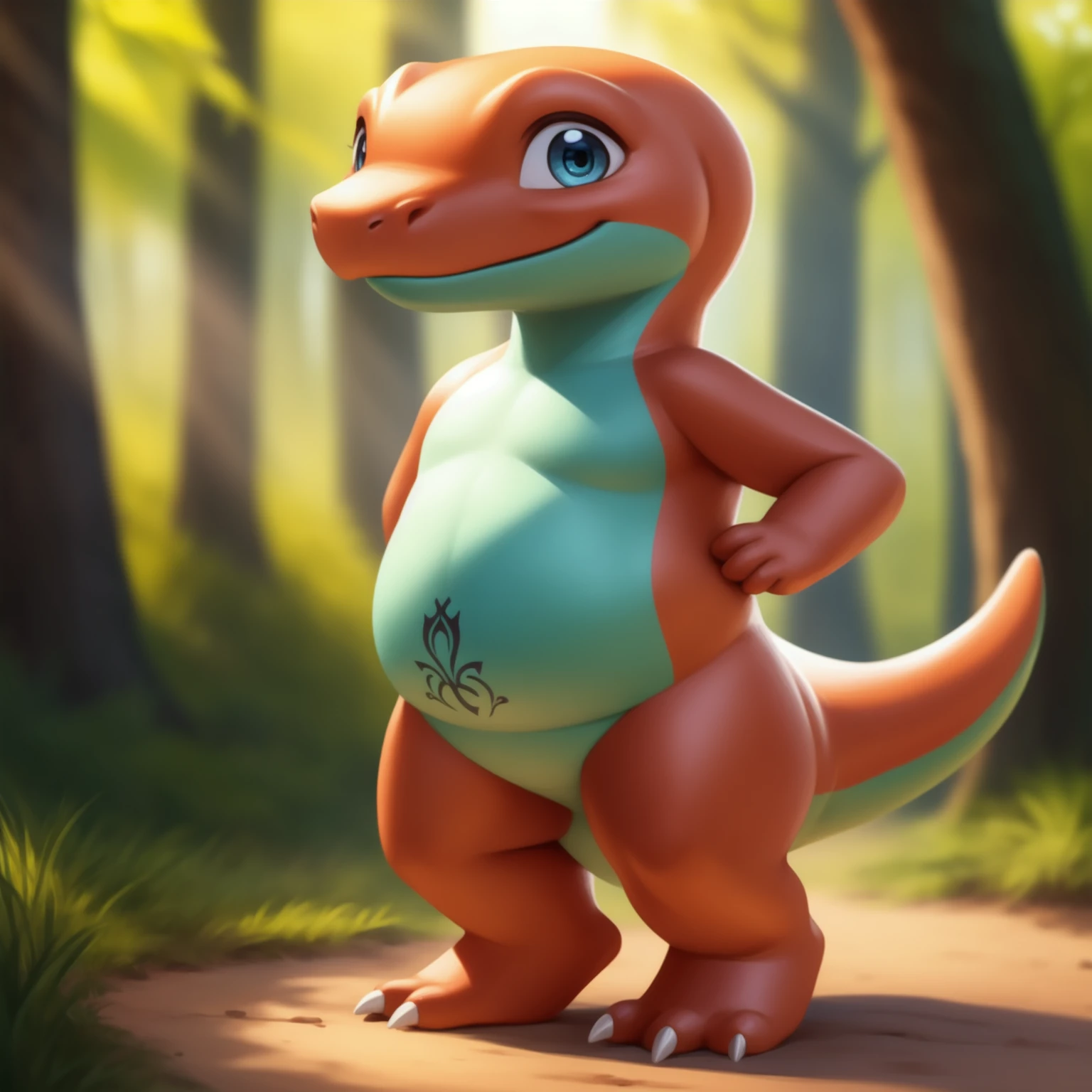 semi-feral, scalie, salmander-girl, short stack, slim body, bottomless, topless, beautiful eyes, very cute dino face, detailed skin, two-toned body, smile, in forest, 1tail, (flat chest), standing on ground, posing, dynamic pose, shy, face blush, (solo:1.1), (photorealism:1.3), (Highly_detailed:1.2), (Realistic1.2), front view, pudgy, womb tattoo