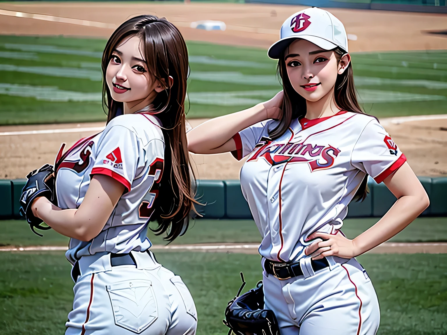 group_mf, 
a young and beautiful female baseball player wearing a baseball uniform playing a female baseball game in a stadium, dynamic plays, hourglass figure, huge breasts, confident smile, (best quality, 4k, 8k, highres, masterpiece:1.2), ultra-detailed,(realistic, photorealistic, photo-realistic:1.37), beautiful detailed eyes, beautiful detailed lips, extremely detailed eyes and face, longeyelashes, 3girl, baseball, stadium, dynamic action, hourglass figure, huge breasts, confident smile, warm lighting, vibrant colors, (Dynamic batting and pitching:1.3)