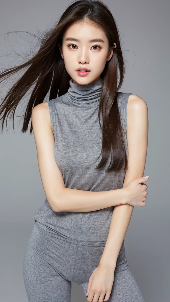 vivid,Normal chest,((between legs)),cute,(Detailed face),cloth,Sharp Eyes,Turtleneck sleeveless sporty lightweight(Grey plastic)Clothes,Ultra-high resolution,(Photorealistic:1.7),Black long hair,Gray background,